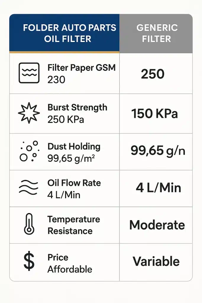 Comparison chart between Folder Auto Parts oil filter and generic filter showing higher GSM, burst strength, dust holding, oil flow rate, and durability.