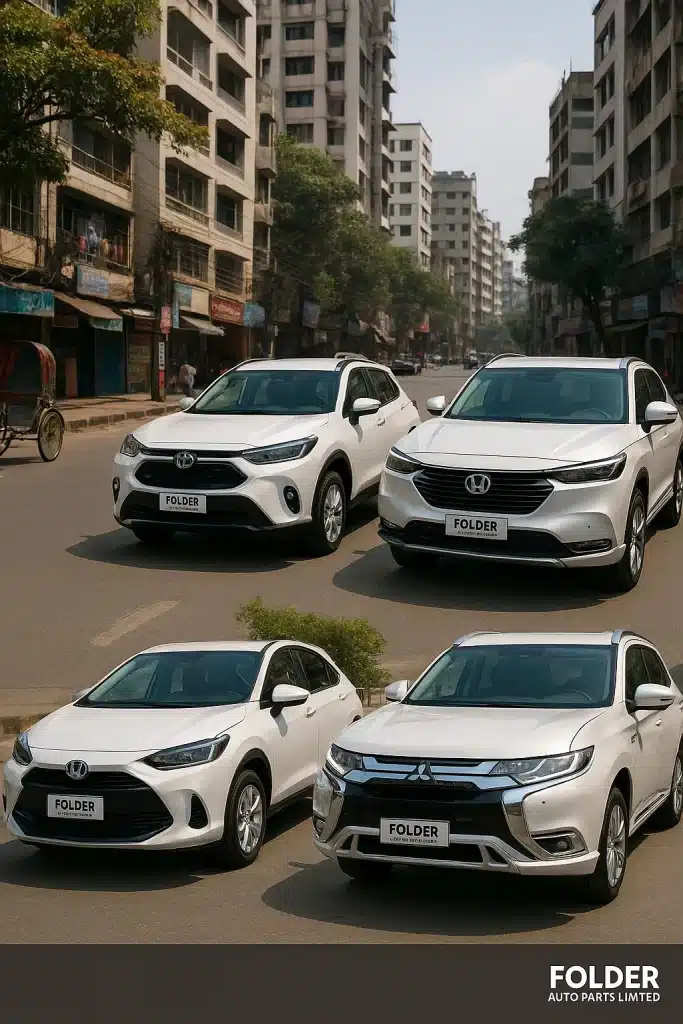 Popular hybrid cars in Bangladesh lineup including Toyota Aqua, Corolla Cross, Honda Vezel, and Mitsubishi Outlander PHEV in Dhaka city.