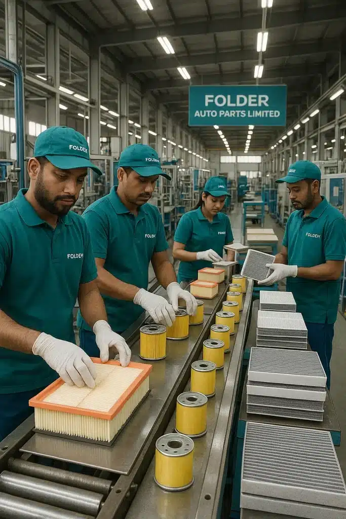 Folder Auto Parts Limited factory workers assembling air, oil, and cabin filters in Bangladesh.