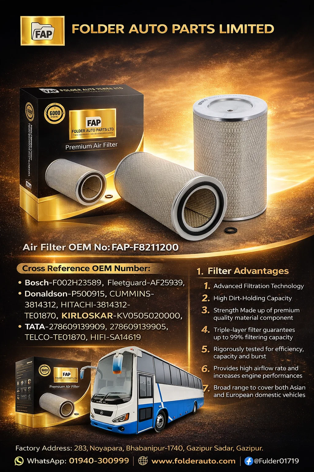 Premium Air Filter FAP-F8211200 for Ashok Leyland BS4 vehicles