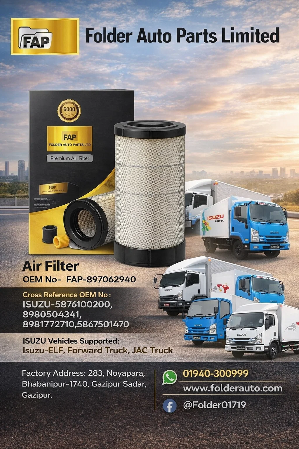 Heavy-Duty Vehicles Deserve Heavy-Duty Protection.”Premium Air Filter (FAP-8970622940) – Built for Power, Tested for Trust.